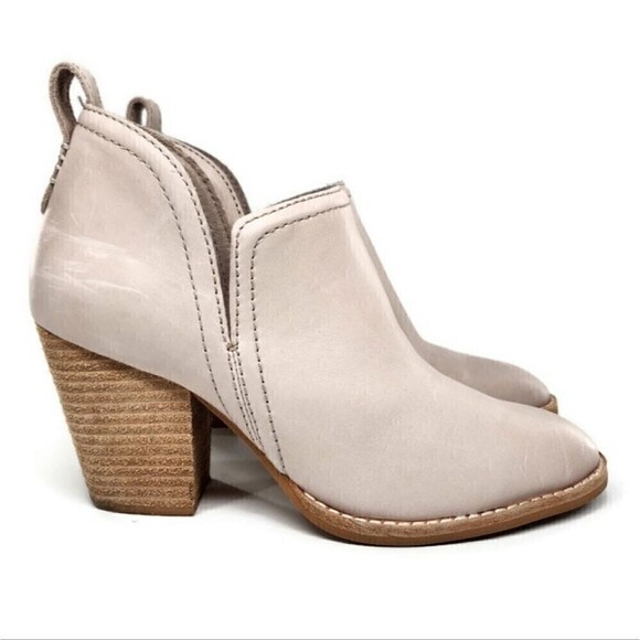 Jeffrey Campbell Rosalee Ivory Leather Stacked Block Heel Pull-On Ankle Boots - Picture 3 of 11
